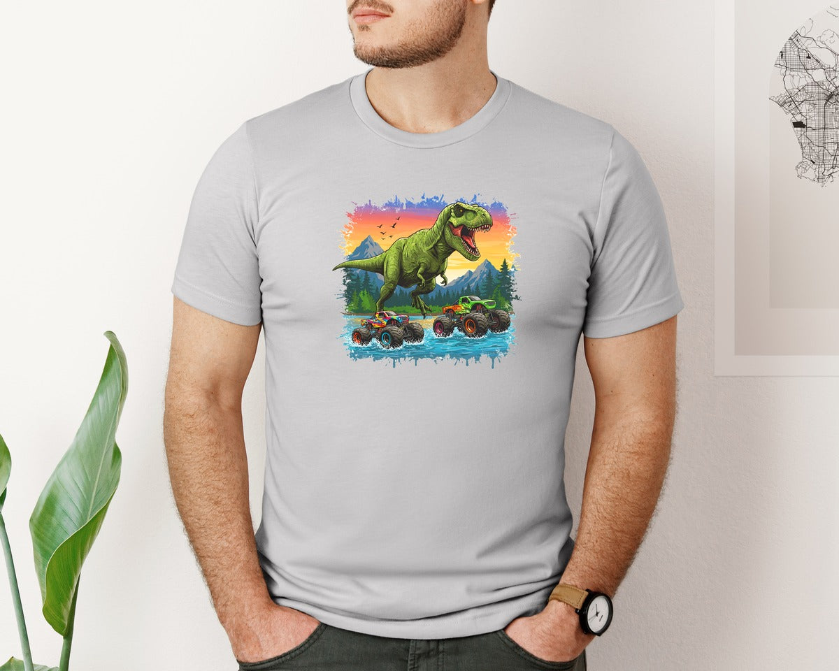 brand:Bella Canvas|color:Sports Grey / Athletic Heather|Dinosaur Monster Truck T Rex Graphic T-Shirt