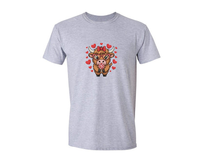brand:Generic|color:Sports Grey / Athletic Heather|Cute Kawaii Valentine Highland Cow Graphic T-Shirt