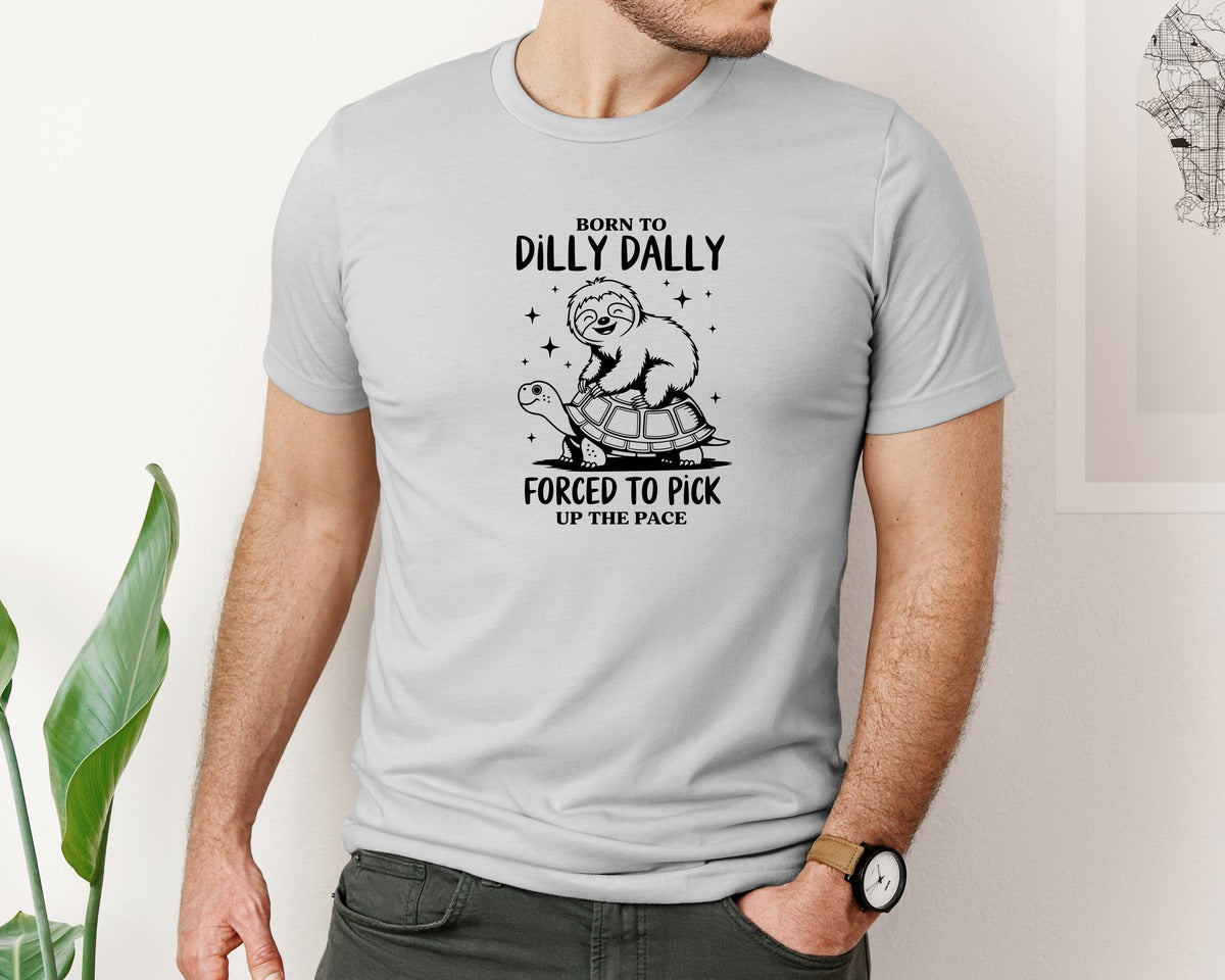 brand:Bella Canvas|color:Sports Grey / Athletic Heather|Born To Dilly Dally Funny Sloth Graphic T-Shirt