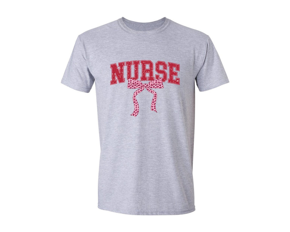 brand:Generic|color:Sports Grey / Athletic Heather|Nurse Valentine Day Bow Coquette Leopard Graphic T-Shirt