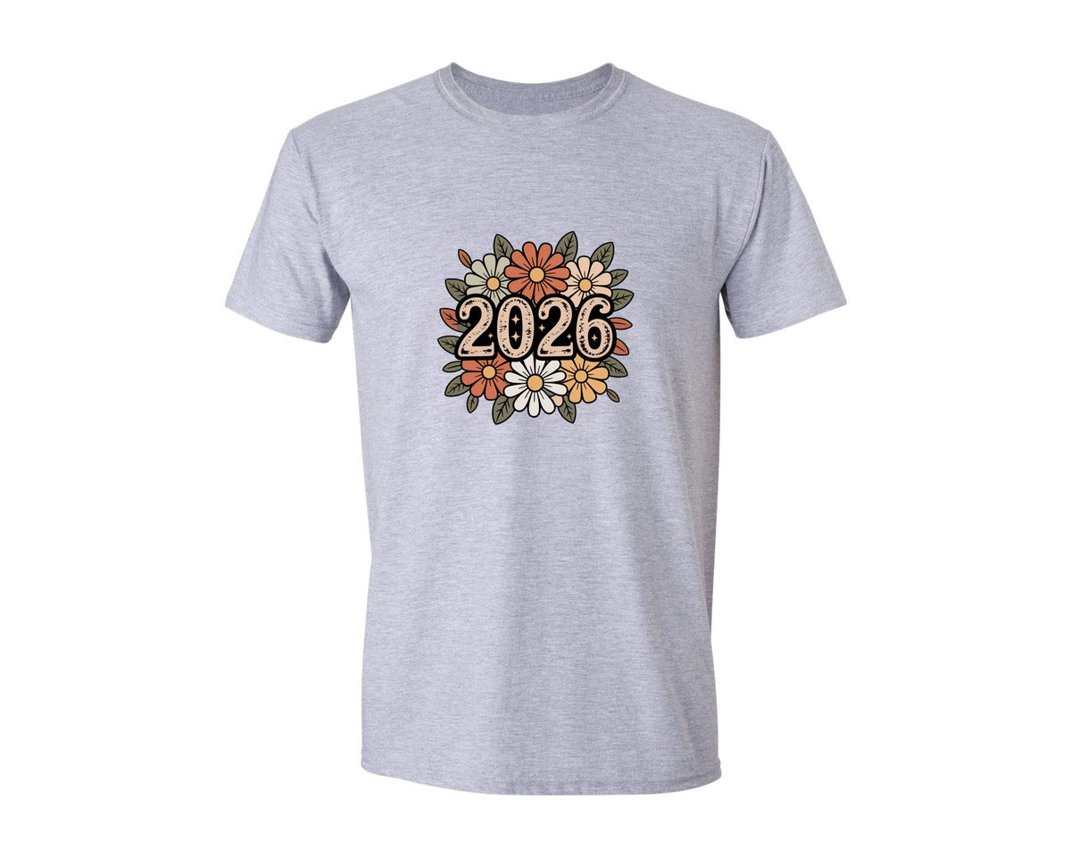 brand:Generic|color:Sports Grey / Athletic Heather|New Year Floral New Year 2026 Graphic T-Shirt