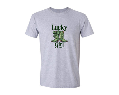 brand:Generic|color:Sports Grey / Athletic Heather|Lucky Girl St Patricks Day Cowboy Graphic T-Shirt