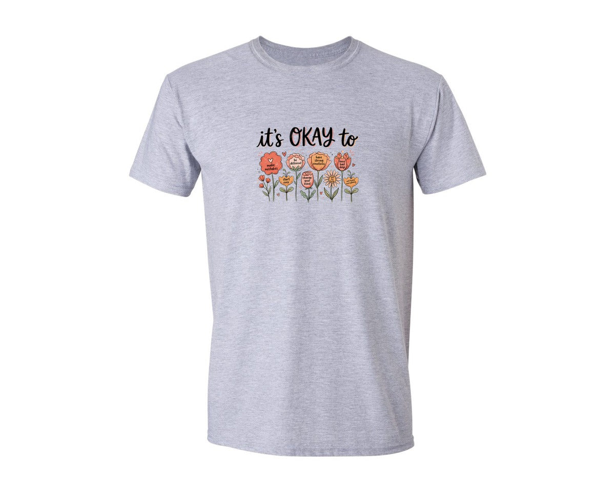 brand:Generic|color:Sports Grey / Athletic Heather|Its Okay To Feel Flowers Positive Quote Graphic T-Shirt
