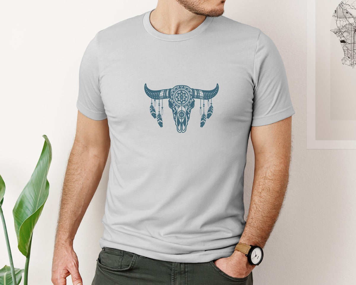brand:Bella Canvas|color:Sports Grey / Athletic Heather|Western Bull Skull Aztec Boho Longhorn Graphic T-Shirt