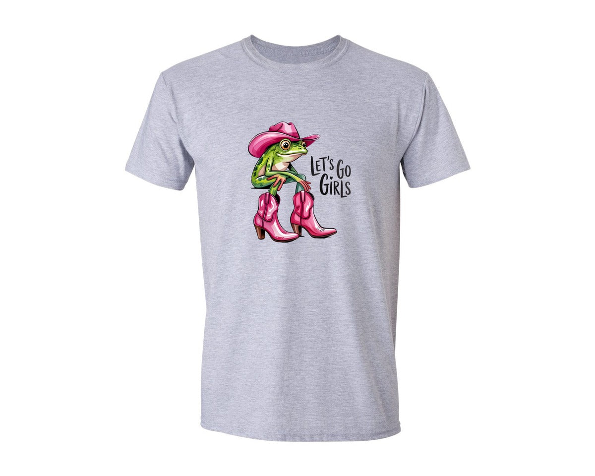 brand:Generic|color:Sports Grey / Athletic Heather|Lets Go Girls Frog Pink Cowboy Graphic T-Shirt
