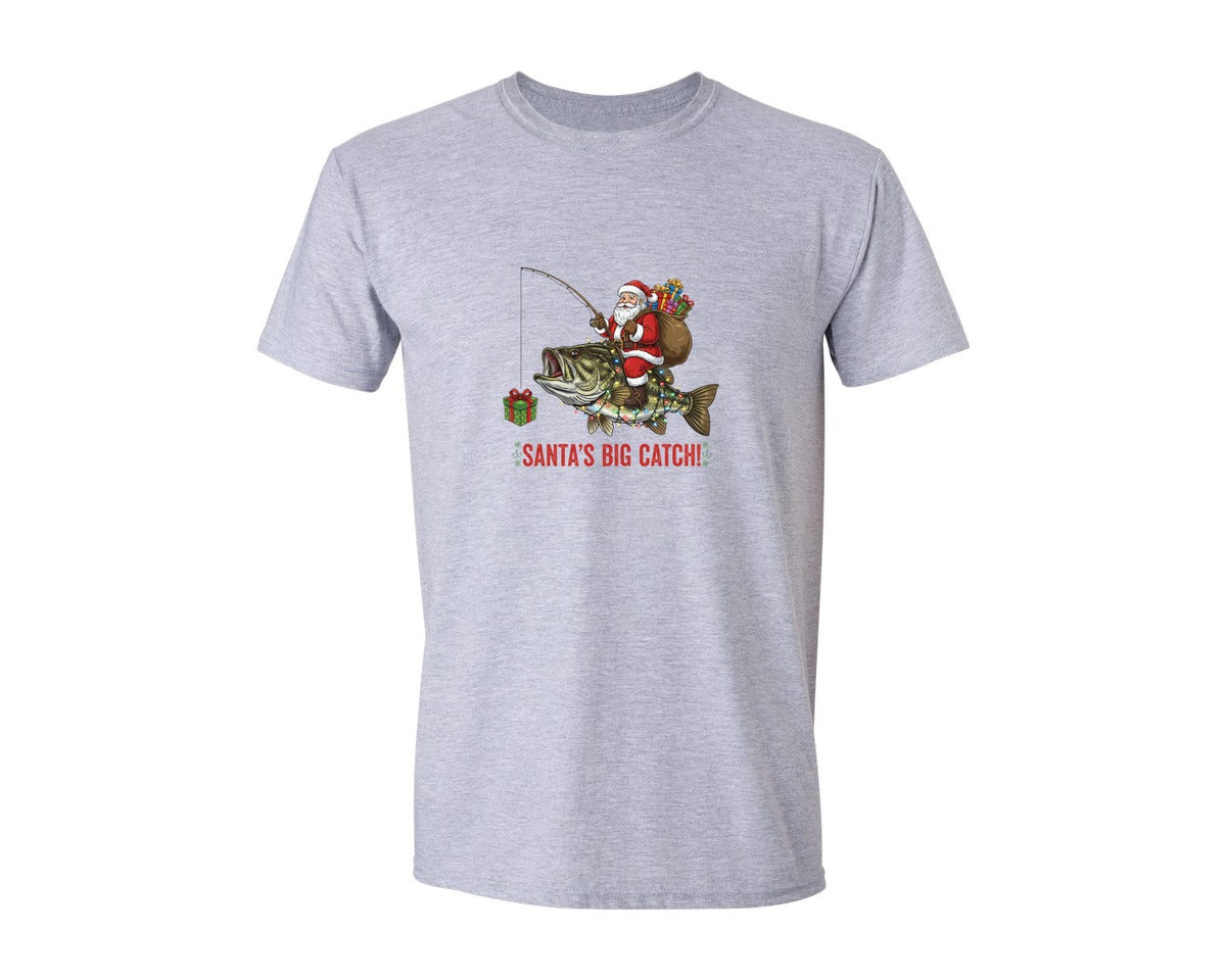 brand:Generic|color:Sports Grey / Athletic Heather|Santa Fishing Bass Funny Christmas Graphic T-Shirt