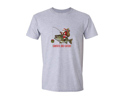 brand:Generic|color:Sports Grey / Athletic Heather|Santa Fishing Bass Funny Christmas Graphic T-Shirt