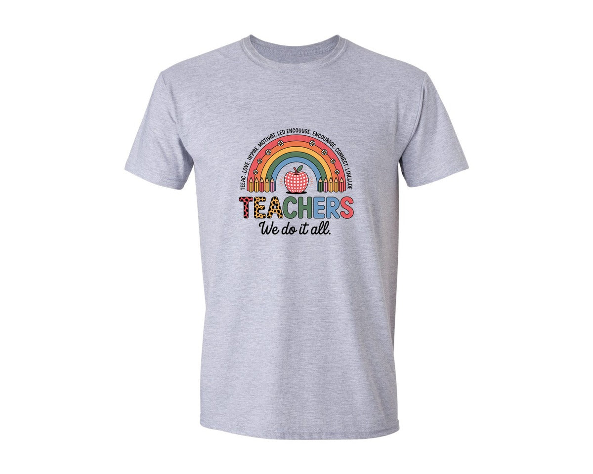 brand:Generic|color:Sports Grey / Athletic Heather|Teach Love Inspire Rainbow Apple Graphic T-Shirt