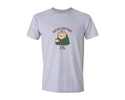 brand:Generic|color:Sports Grey / Athletic Heather|Social Battery Cat Cozy Quote Graphic T-Shirt