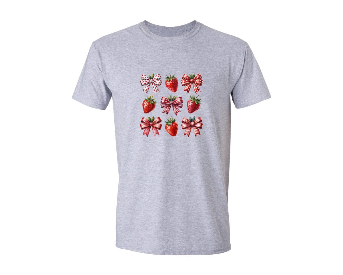 brand:Generic|color:Sports Grey / Athletic Heather|Strawberry Bow Cute Fruit Graphic T-Shirt