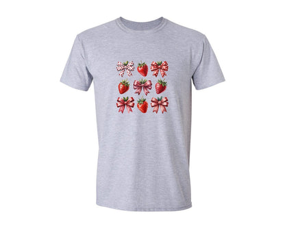 brand:Generic|color:Sports Grey / Athletic Heather|Strawberry Bow Cute Fruit Graphic T-Shirt