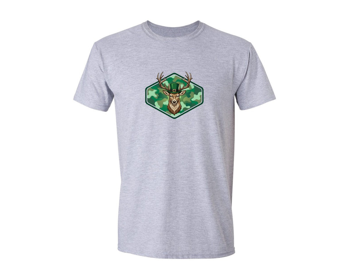 brand:Generic|color:Sports Grey / Athletic Heather|St Patricks Day Hunting Deer Camo Graphic T-Shirt