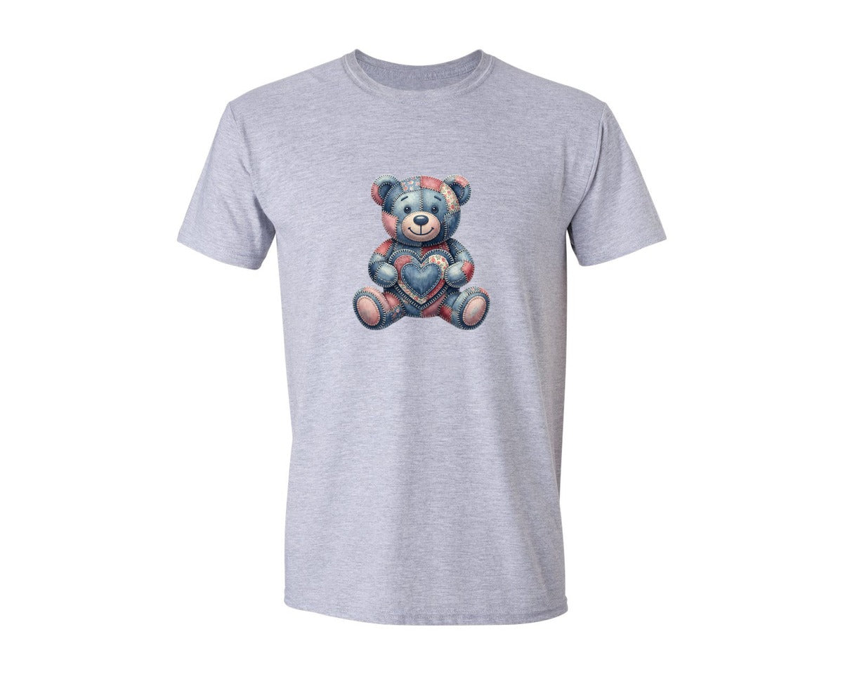 brand:Generic|color:Sports Grey / Athletic Heather|Valentine Patchwork Teddy Bear Graphic T-Shirt