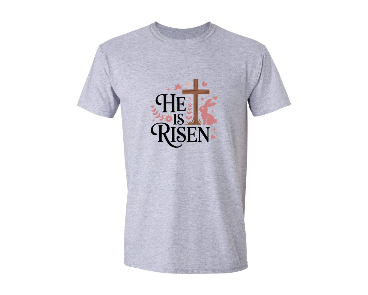 brand:Generic|color:Sports Grey / Athletic Heather|He Is Risen Minimal Cross Easter Graphic T-Shirt
