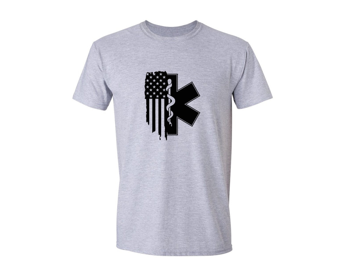 brand:Generic|color:Sports Grey / Athletic Heather|Emt Star Of Life Usa Flag Graphic T-Shirt