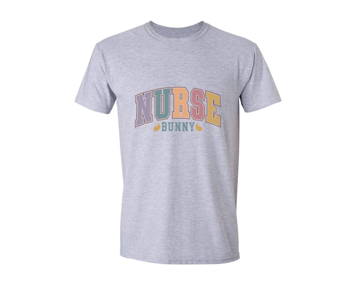 brand:Generic|color:Sports Grey / Athletic Heather|Easter Nurse Bunny Retro Varsity Graphic T-Shirt