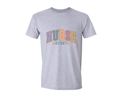 brand:Generic|color:Sports Grey / Athletic Heather|Easter Nurse Bunny Retro Varsity Graphic T-Shirt