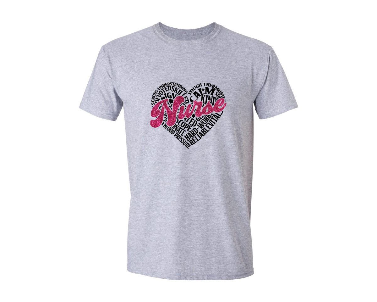 brand:Generic|color:Sports Grey / Athletic Heather|Nurse Heart Word Art Nurse Life Graphic T-Shirt