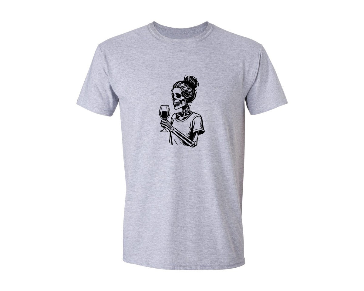 brand:Generic|color:Sports Grey / Athletic Heather|Skeleton Holding Wine Glass Graphic T-Shirt