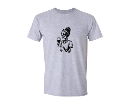 brand:Generic|color:Sports Grey / Athletic Heather|Skeleton Holding Wine Glass Graphic T-Shirt