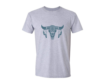brand:Generic|color:Sports Grey / Athletic Heather|Western Bull Skull Aztec Boho Longhorn Graphic T-Shirt