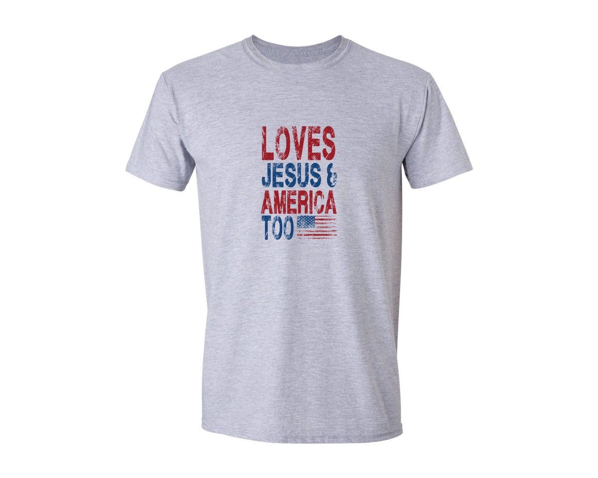 brand:Generic|color:Sports Grey / Athletic Heather|Loves Jesus And America Too 4Th Of July 5 Graphic T-Shirt