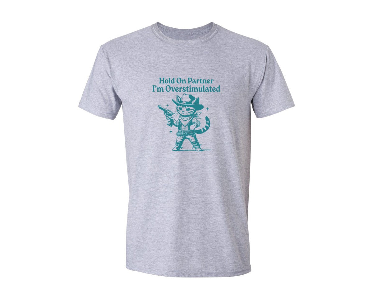brand:Generic|color:Sports Grey / Athletic Heather|Hold On Partner Cowboy Tabby Cat Graphic T-Shirt