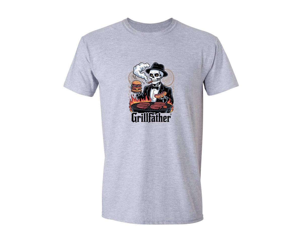brand:Generic|color:Sports Grey / Athletic Heather|Grillfather Skeleton Mafia Bbq Des Graphic T-Shirt
