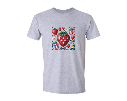 brand:Generic|color:Sports Grey / Athletic Heather|Patriotic America Strawberry Graphic T-Shirt