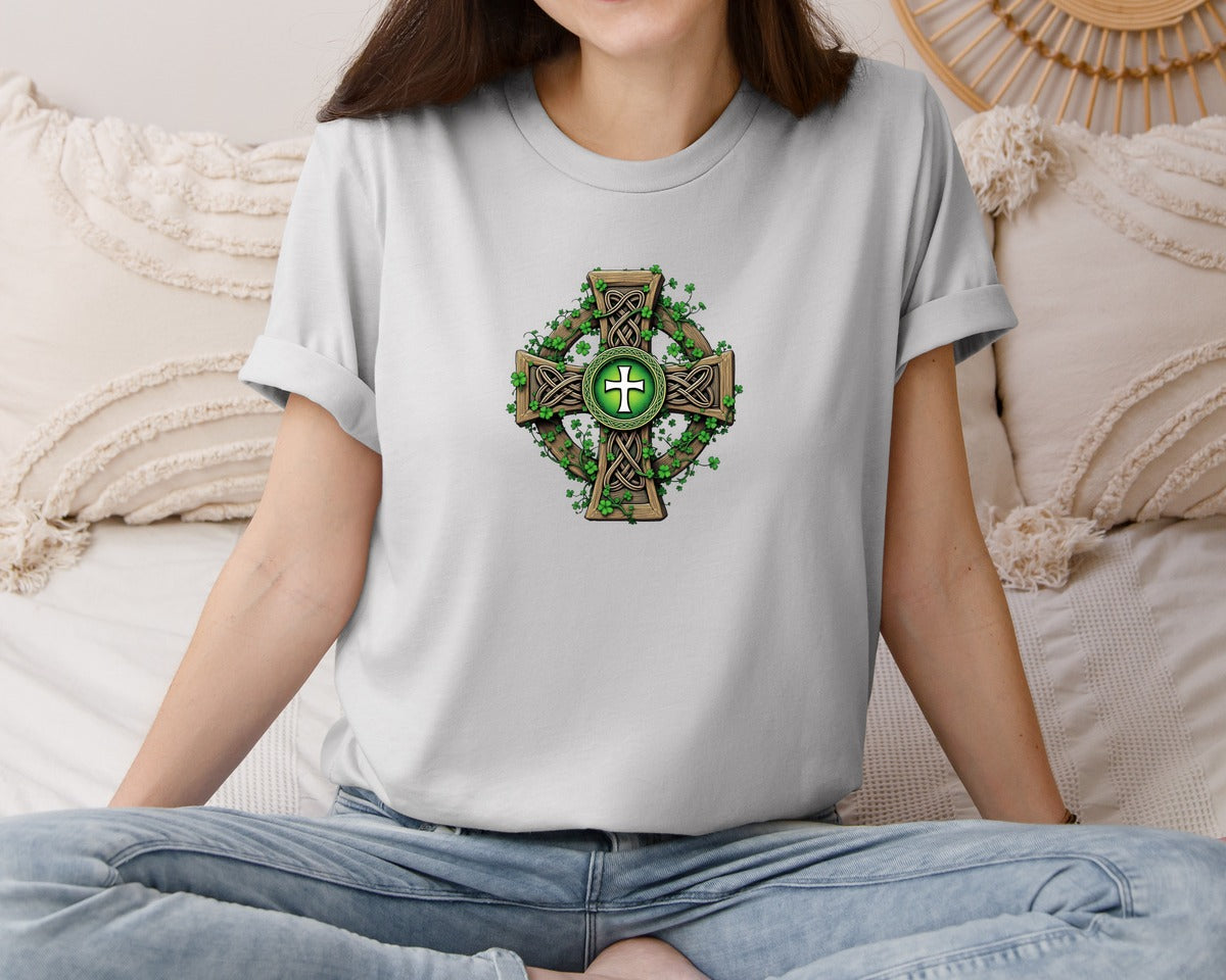 brand:Bella Canvas|color:Sports Grey / Athletic Heather|Celtic Cross With Shamrocks Irish Graphic T-Shirt