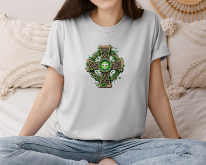 brand:Bella Canvas|color:Sports Grey / Athletic Heather|Celtic Cross With Shamrocks Irish Graphic T-Shirt