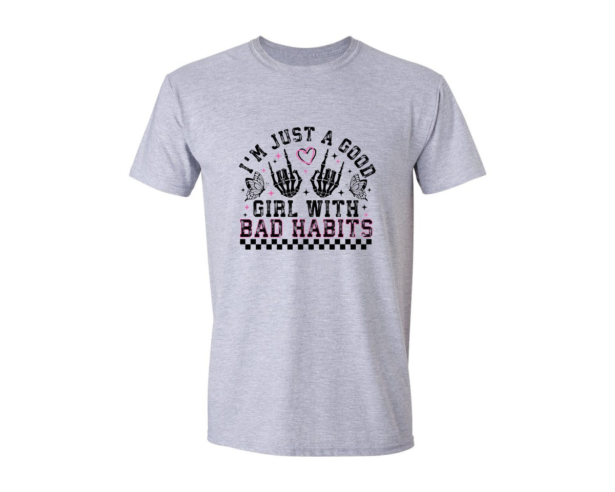 brand:Generic|color:Sports Grey / Athletic Heather|Good Girl With Bad Habits Funny Graphic T-Shirt