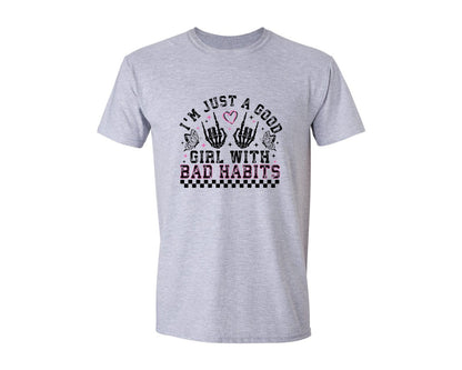 brand:Generic|color:Sports Grey / Athletic Heather|Good Girl With Bad Habits Funny Graphic T-Shirt