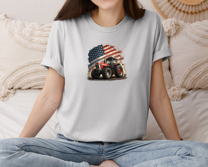 brand:Bella Canvas|color:Sports Grey / Athletic Heather|Farmer Vintage Usa Flag Tractor Graphic T-Shirt