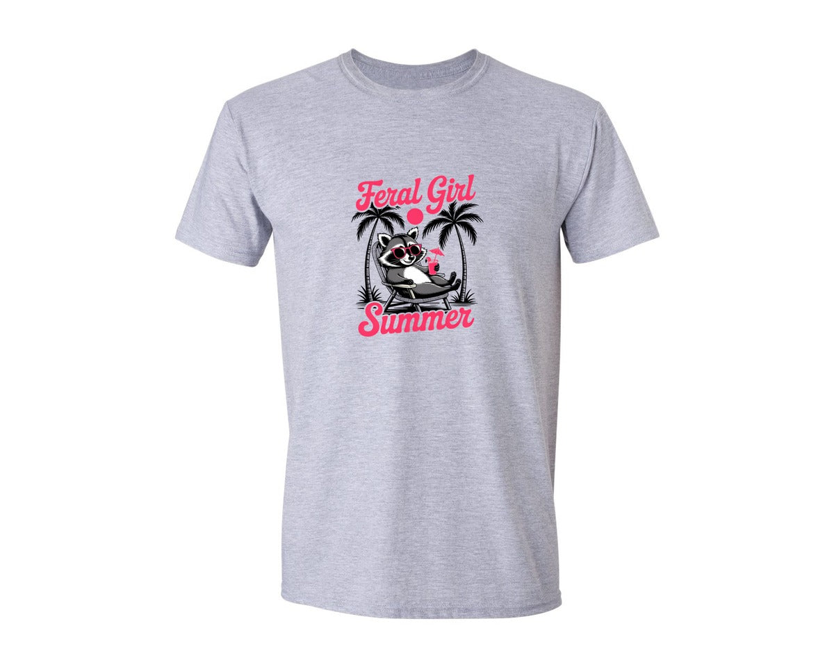 brand:Generic|color:Sports Grey / Athletic Heather|Feral Girl Summer Raccoon Vacay Graphic T-Shirt