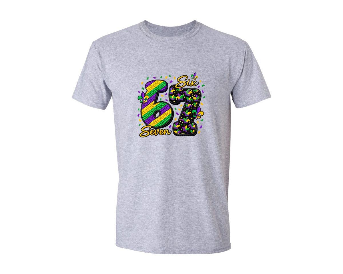 brand:Generic|color:Sports Grey / Athletic Heather|Faux Crochet 67 Mardi Gras Graphic T-Shirt