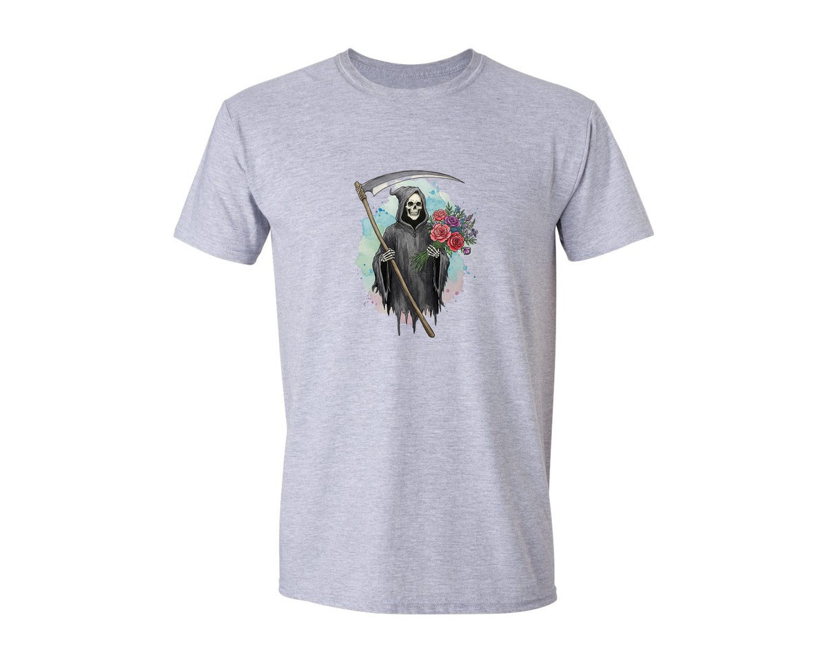 brand:Generic|color:Sports Grey / Athletic Heather|Grim Reaper With Flowers Gothic Graphic T-Shirt