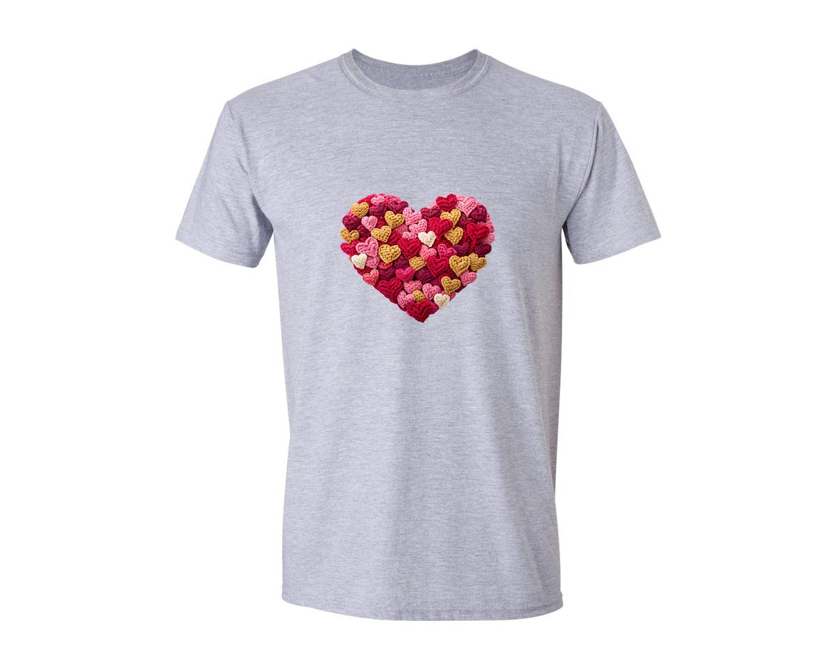 brand:Generic|color:Sports Grey / Athletic Heather|Faux Yarn Crochet Valentine Heart Graphic T-Shirt