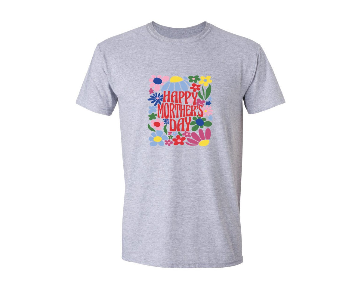 brand:Generic|color:Sports Grey / Athletic Heather|Happy Mothers Day Retro Flowers Graphic T-Shirt