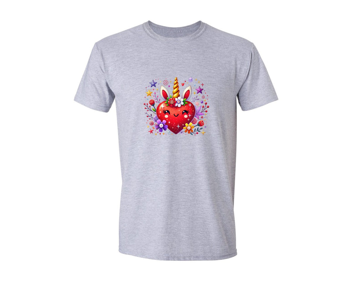 brand:Generic|color:Sports Grey / Athletic Heather|Cute Unicorn Heart Valentines Day Graphic T-Shirt
