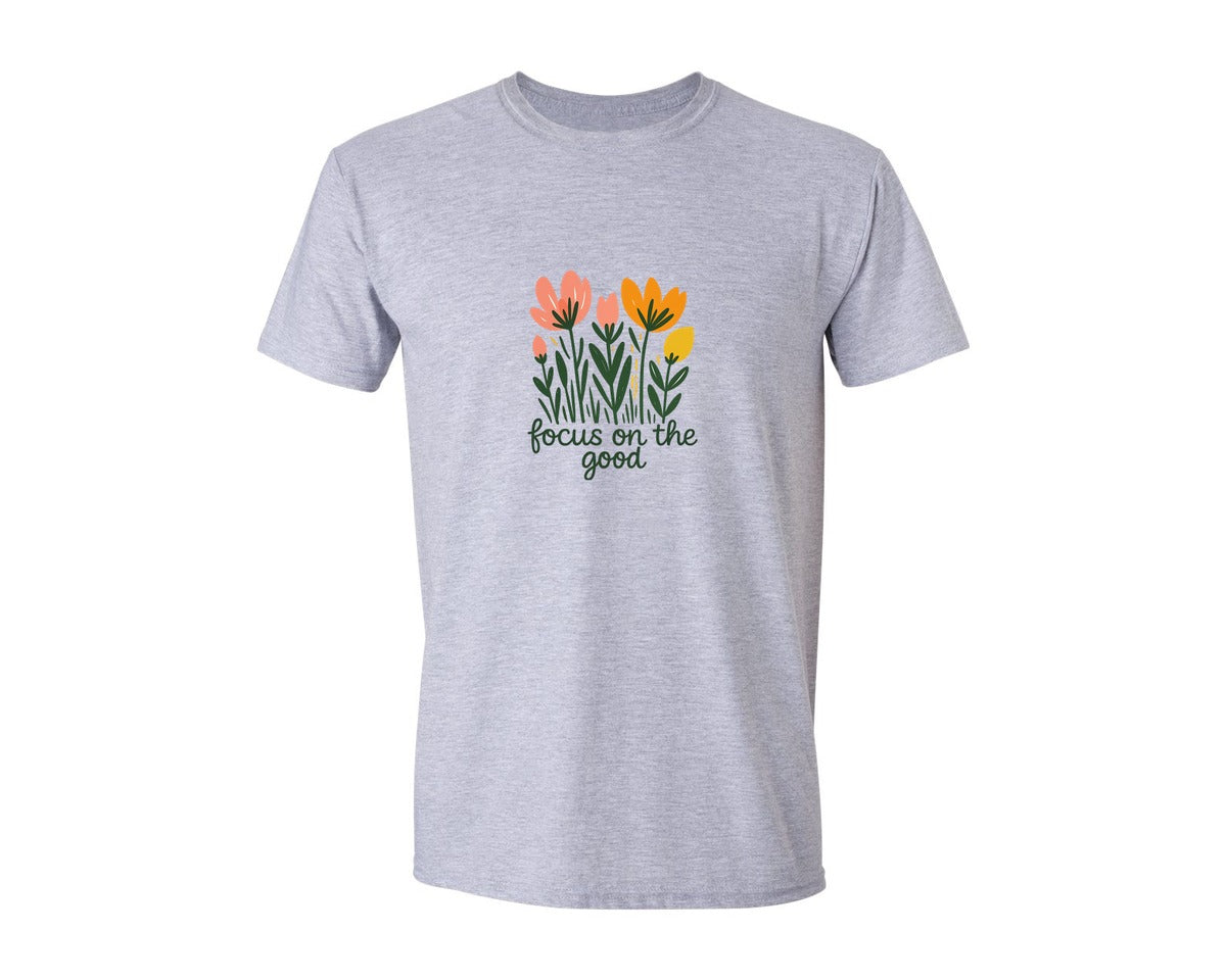 brand:Generic|color:Sports Grey / Athletic Heather|Focus On The Good Retro Floral Graphic T-Shirt