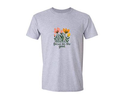 brand:Generic|color:Sports Grey / Athletic Heather|Focus On The Good Retro Floral Graphic T-Shirt