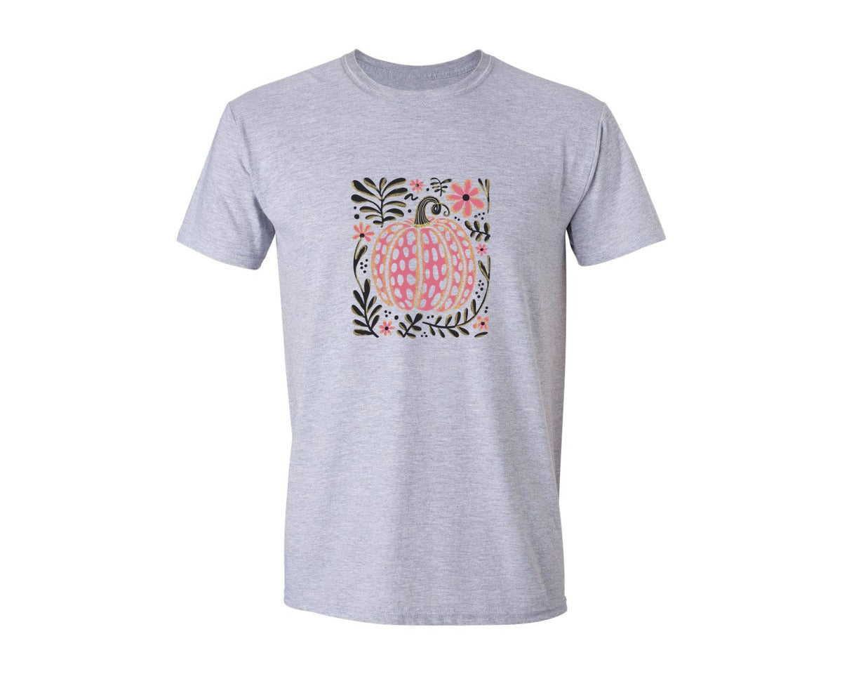 brand:Generic|color:Sports Grey / Athletic Heather|Boho Floral Pink Pumpkin Shirt Graphic T-Shirt