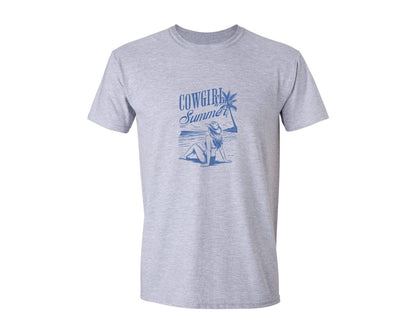 brand:Generic|color:Sports Grey / Athletic Heather|Cowgirl Summer Retro Western Beach Graphic T-Shirt