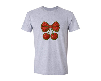 brand:Generic|color:Sports Grey / Athletic Heather|Latch Hook Faux Yarn Cherry Bow 3 Graphic T-Shirt