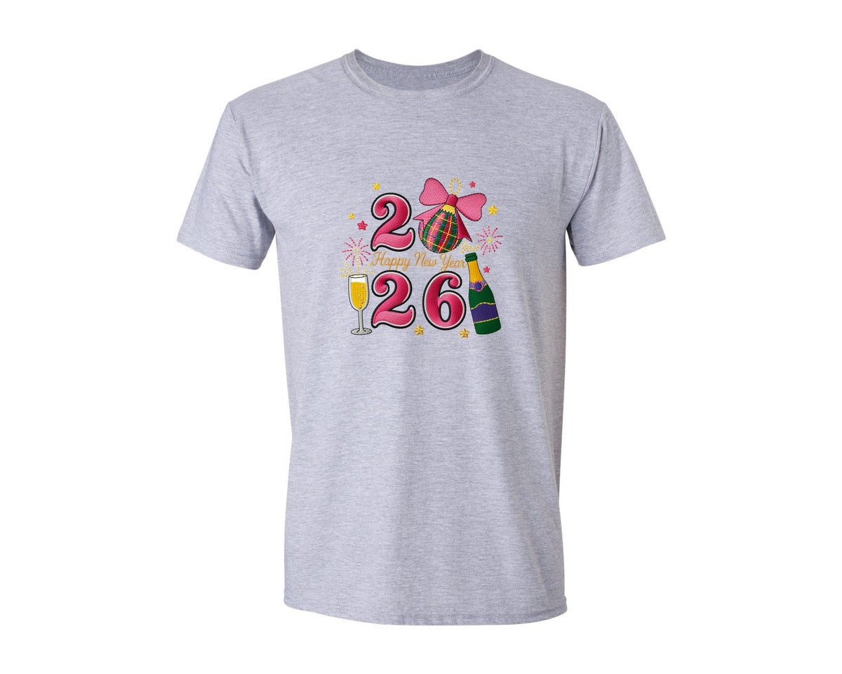 brand:Generic|color:Sports Grey / Athletic Heather|Faux Yarn Happy New Year 2026 Design Graphic T-Shirt
