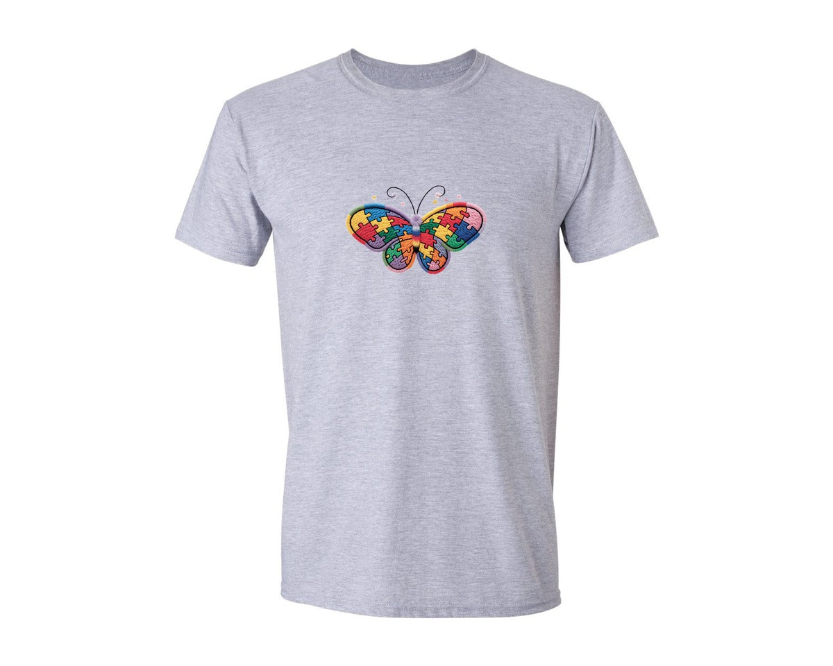 brand:Generic|color:Sports Grey / Athletic Heather|Faux Yarn Autism Butterfly Graphic T-Shirt