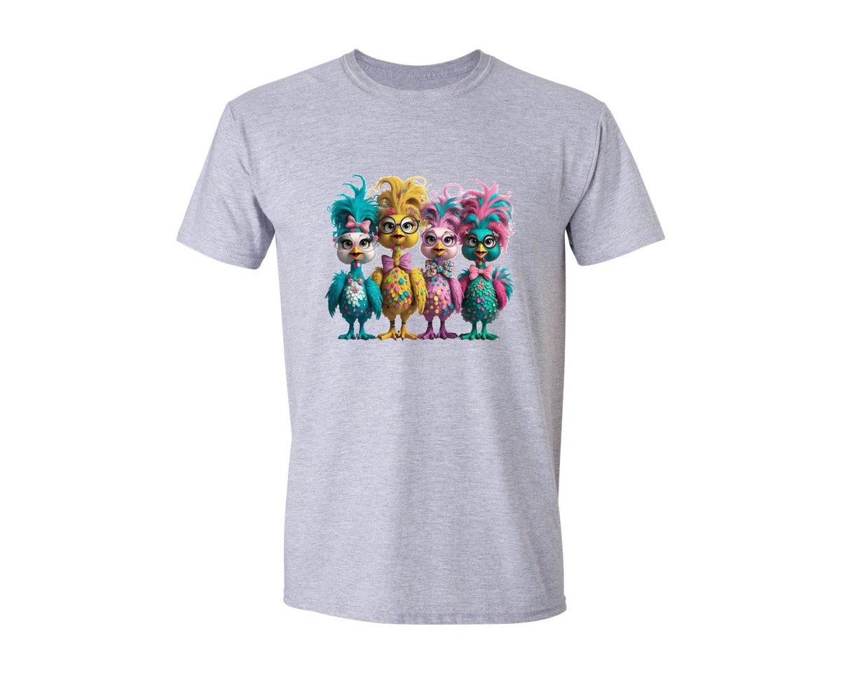 brand:Generic|color:Sports Grey / Athletic Heather|Chick Squad Cute Colorful Birds Graphic T-Shirt