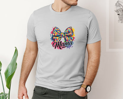 brand:Bella Canvas|color:Sports Grey / Athletic Heather|Autism Mama Colorful Puzzle Bow Art Graphic T-Shirt