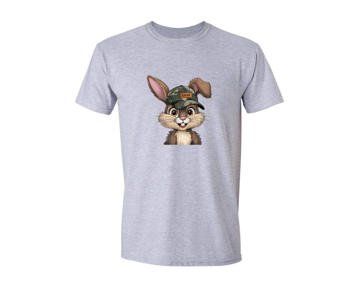 brand:Generic|color:Sports Grey / Athletic Heather|Camo Easter Bunny Boy Bunny Cap Graphic T-Shirt
